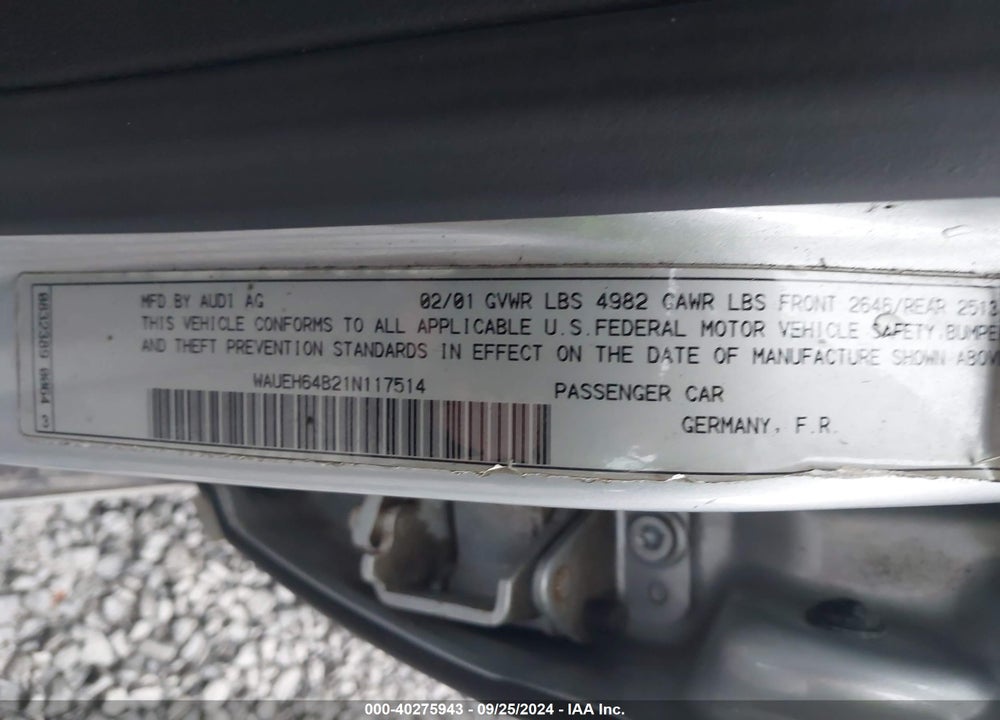 2001 AUDI A6 VIN: WAUEH64B21N117514