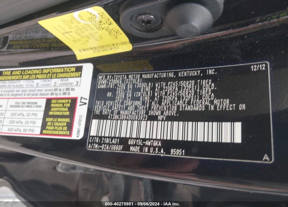 2013 TOYOTA VENZA XLE V6 VIN: 4T3BK3BB4DU083923