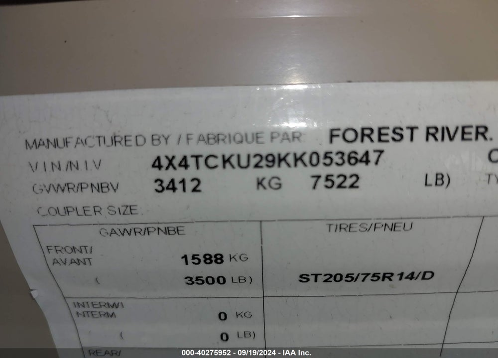 2019 FOREST RIVER OTHER VIN: 4X4TCKU29KK053647