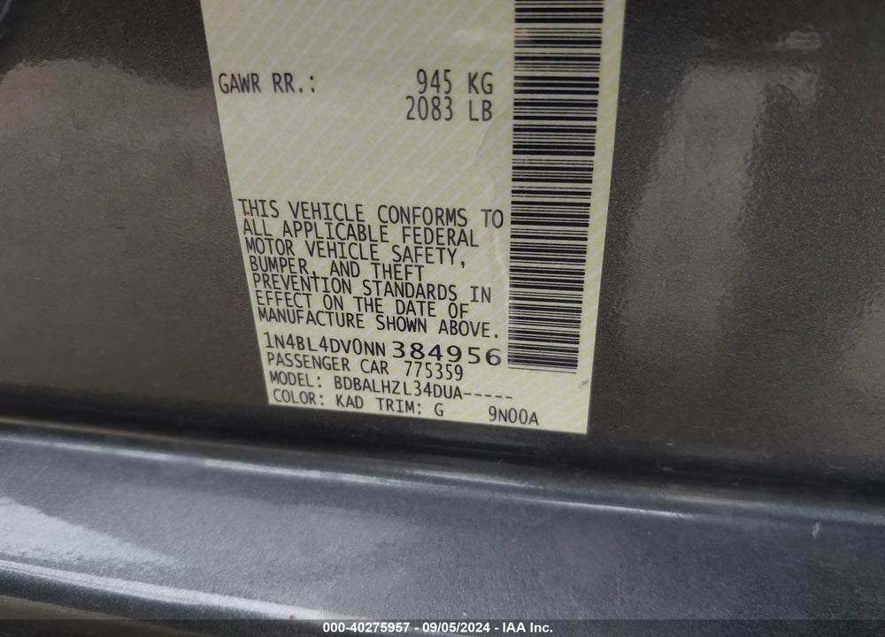 2022 NISSAN ALTIMA SV FWD VIN: 1N4BL4DV0NN384956