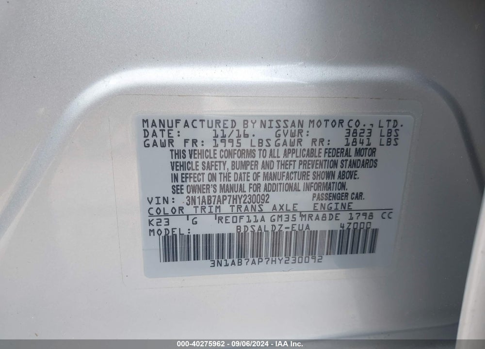 2017 NISSAN SENTRA SV VIN: 3N1AB7AP7HY230092