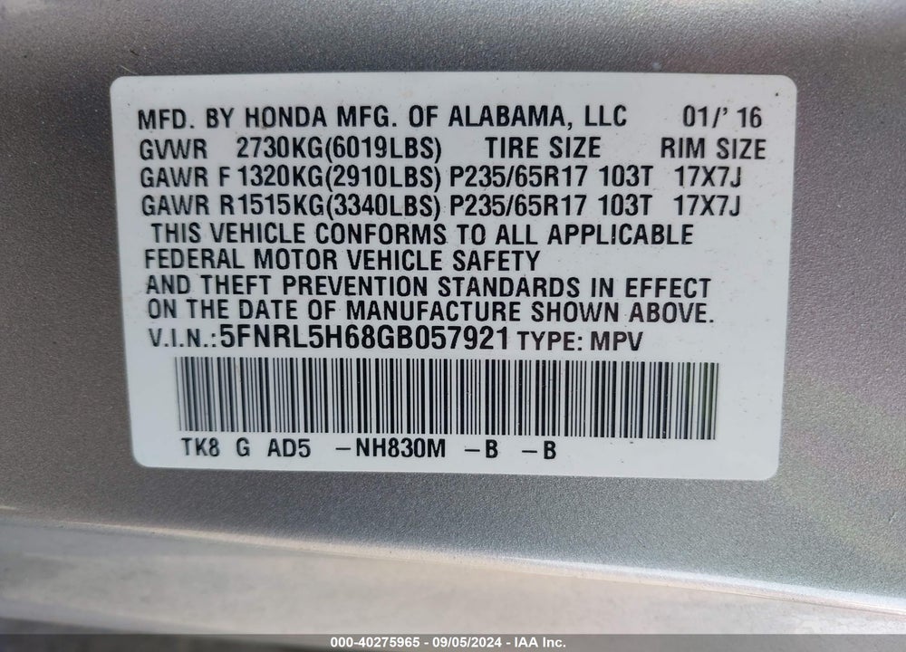 2016 HONDA ODYSSEY EX-L VIN: 5FNRL5H68GB057921
