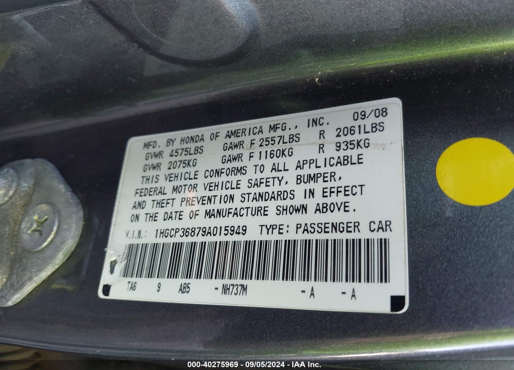 2009 HONDA ACCORD 3.5 EX-L VIN: 1HGCP36879A015949