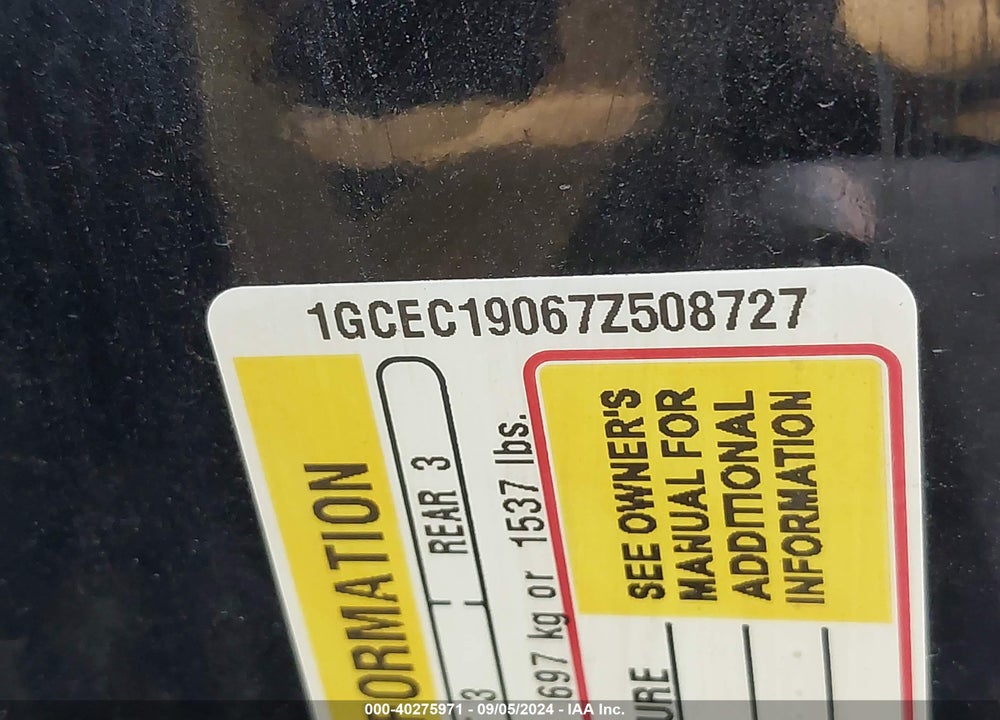 2007 CHEVROLET SILVERADO 1500 VIN: 1GCEC19067Z508727