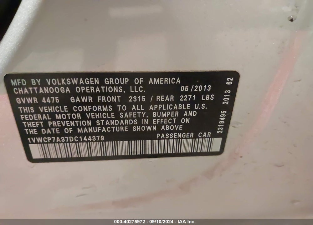 2013 VOLKSWAGEN PASSAT 2.5L SEL PREMIUM VIN: 1VWCP7A37DC144379