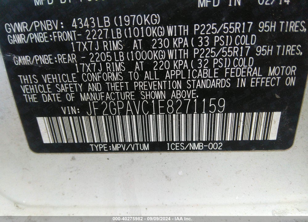 2014 SUBARU XV CROSSTREK 2.0I PREMIUM VIN: JF2GPAVC1E8271159