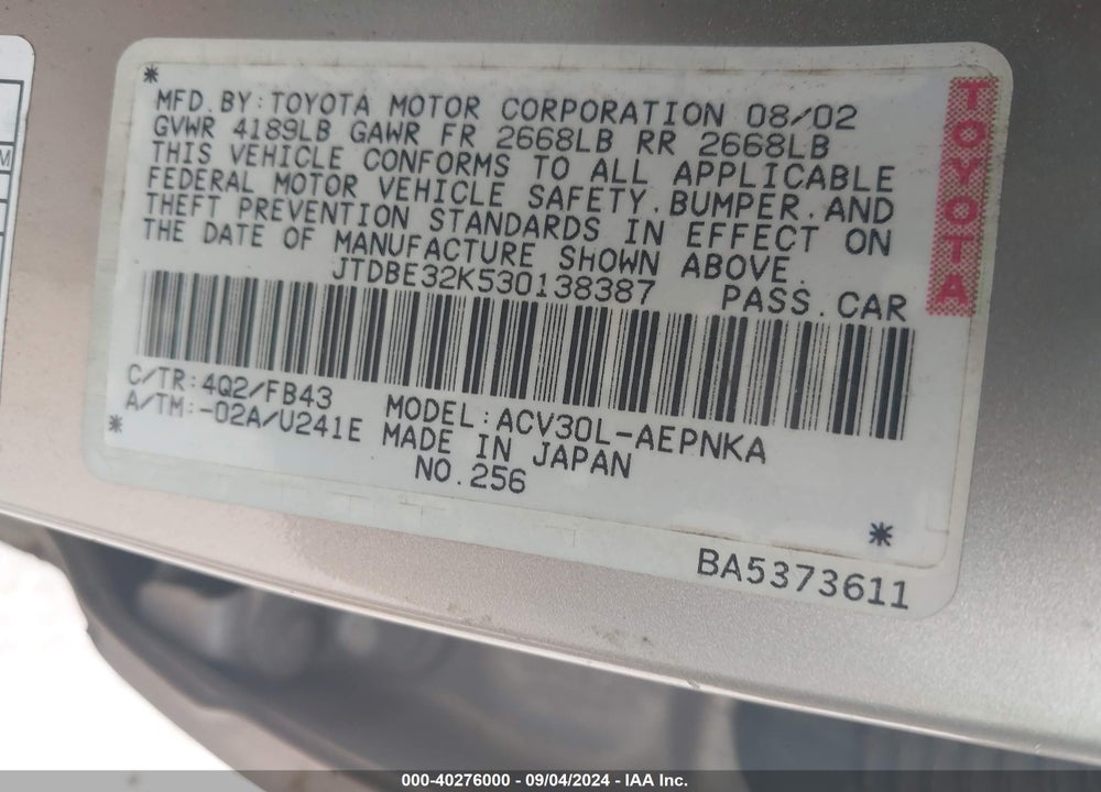 2003 TOYOTA CAMRY LE VIN: JTDBE32K530138387