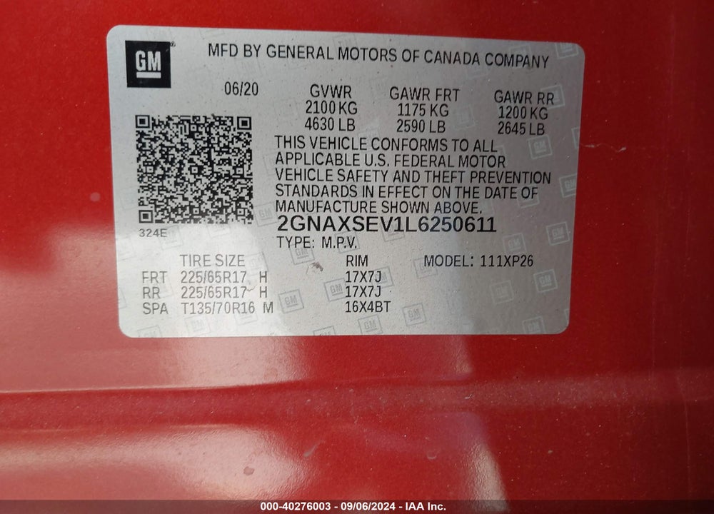 2020 CHEVROLET EQUINOX AWD LS VIN: 2GNAXSEV1L6250611