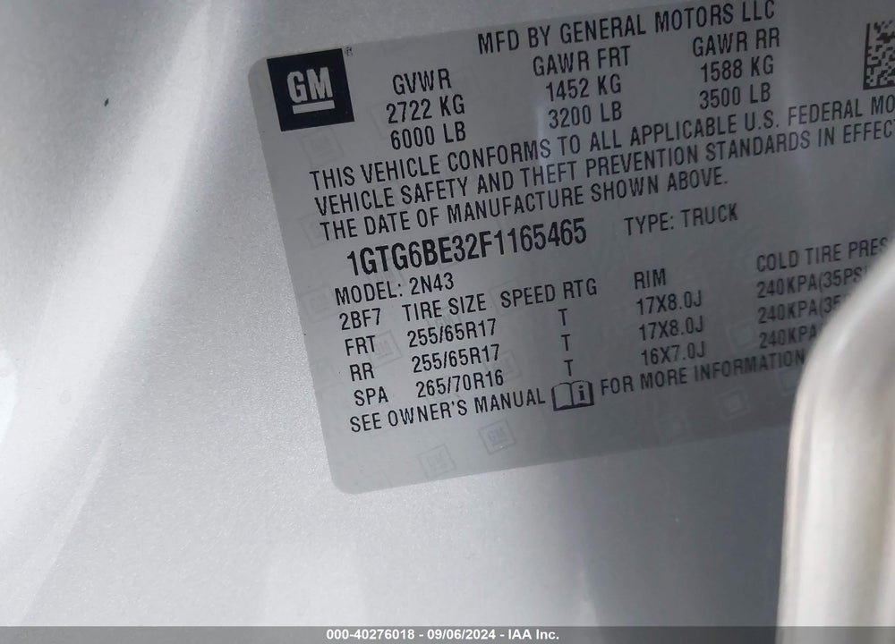 2015 GMC CANYON SLE VIN: 1GTG6BE32F1165465