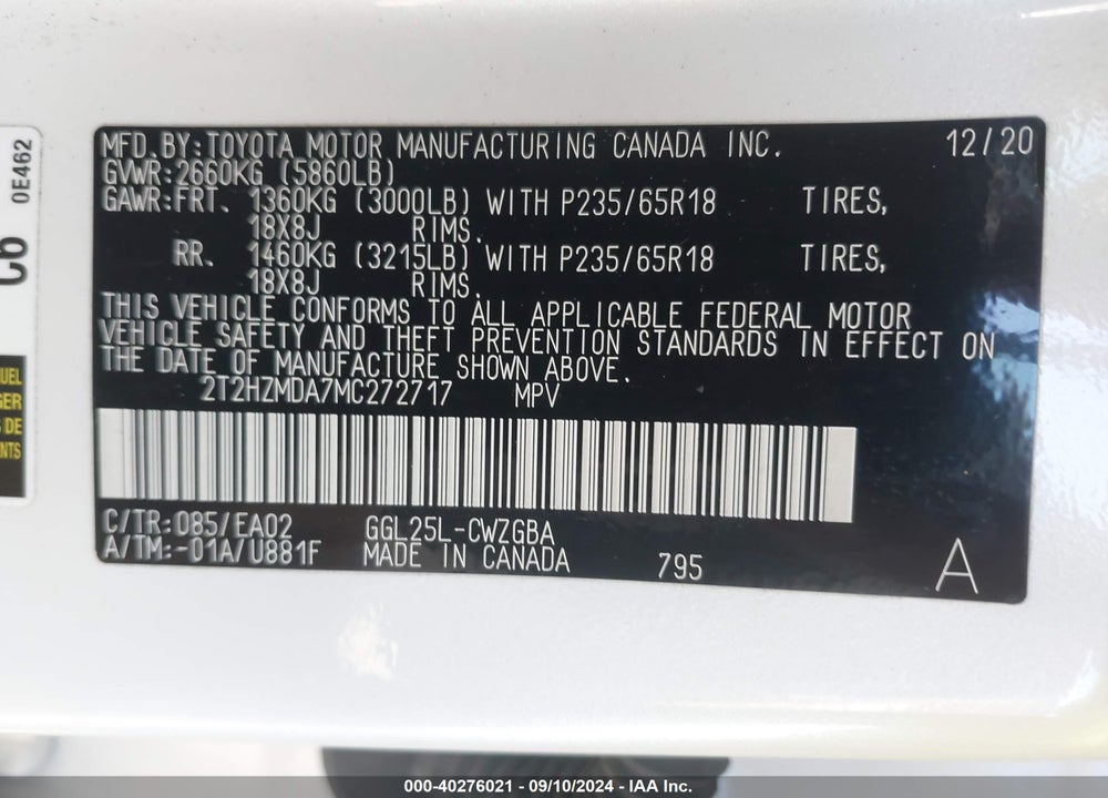 2021 LEXUS RX 350 VIN: 2T2HZMDA7MC272717