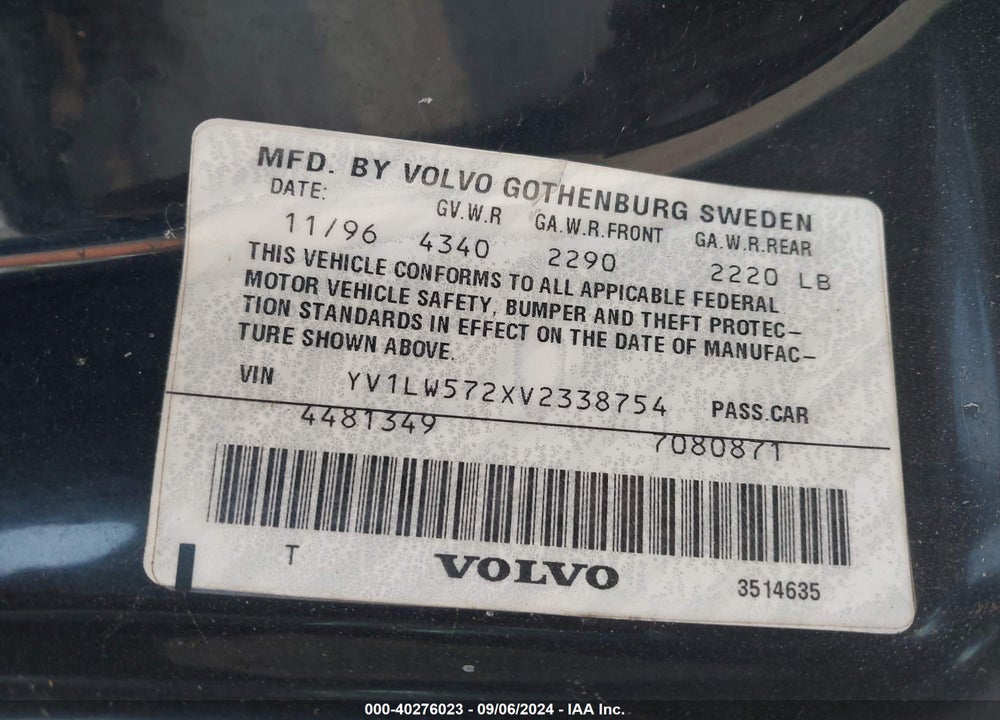 1997 VOLVO 850 T5 VIN: YV1LW572WV2338754