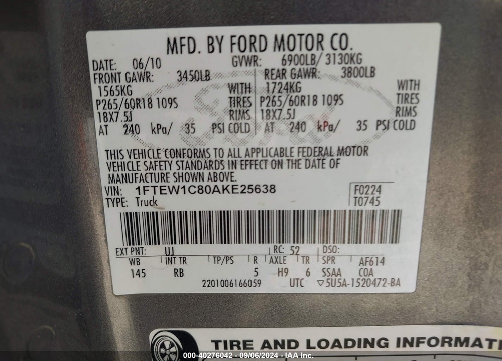 2010 FORD F-150 FX2 SPORT/XL/XLT VIN: 1FTEW1C80AKE25638