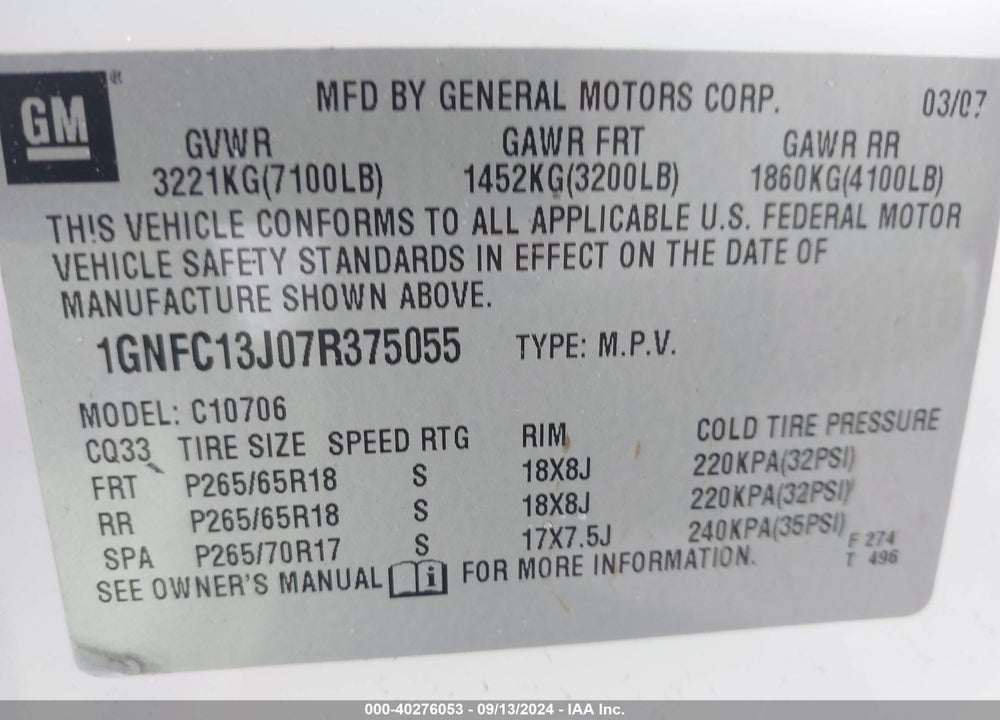 2007 CHEVROLET TAHOE LT VIN: 1GNFC13J07R375055