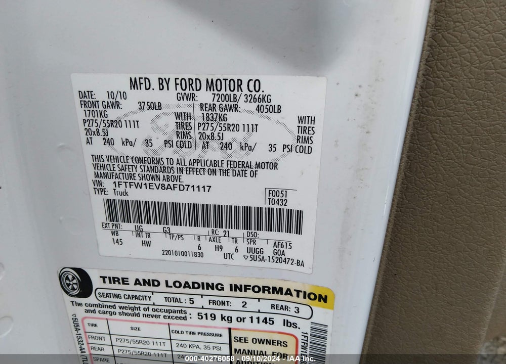 2010 FORD F-150 FX4/HARLEY-DAVIDSON/KING RANCH/LARIAT/PLATINUM/XL/XLT VIN: 1FTFW1EV8AFD71117
