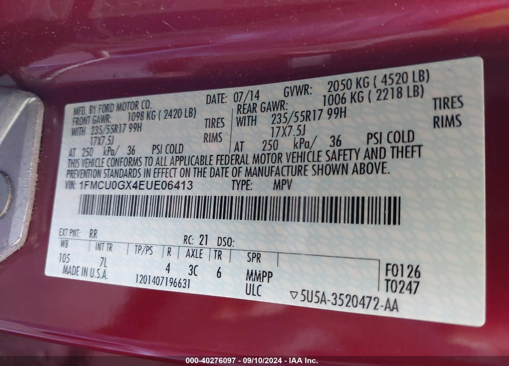 2014 FORD ESCAPE SE VIN: 1FMCU0GX4EUE06413