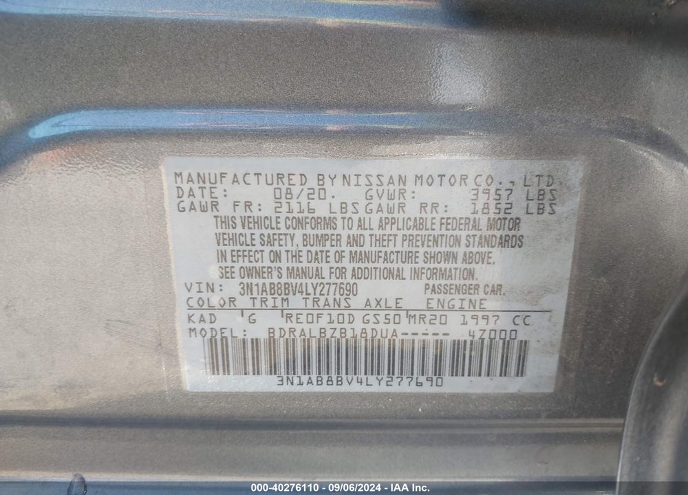 2020 NISSAN SENTRA S XTRONIC CVT VIN: 3N1AB8BV4LY277690