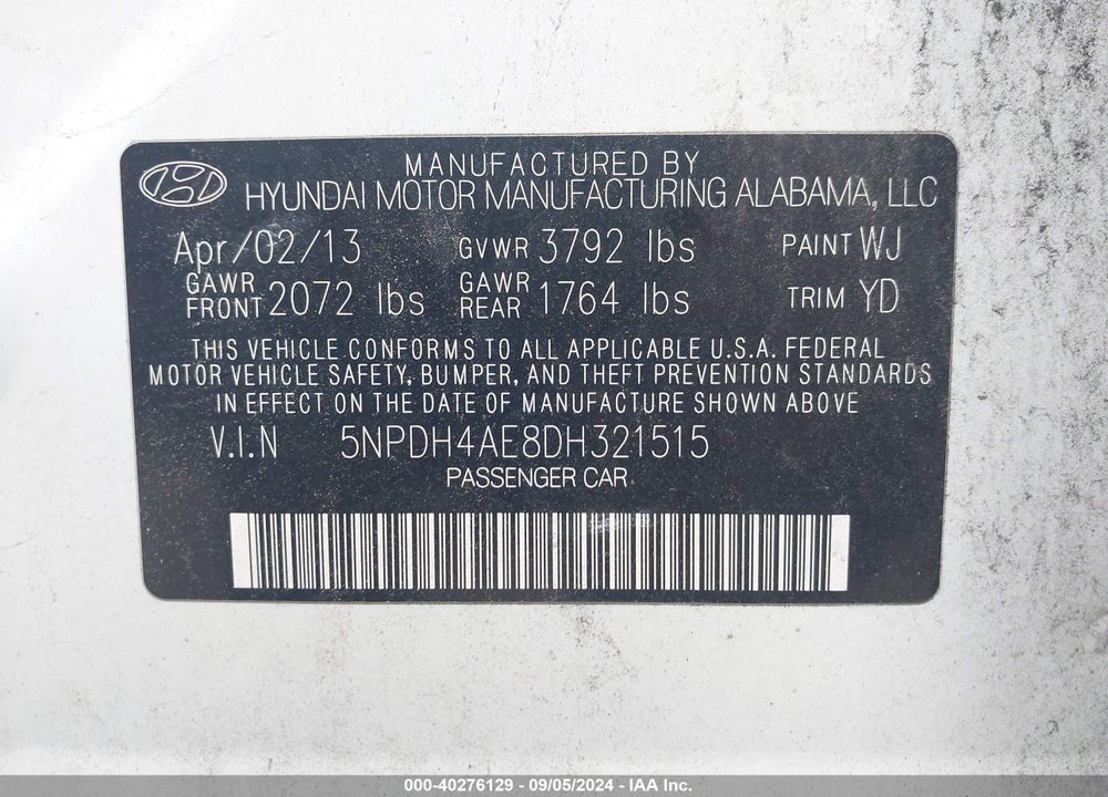 2013 HYUNDAI ELANTRA GLS VIN: 5NPDH4AE8DH321515