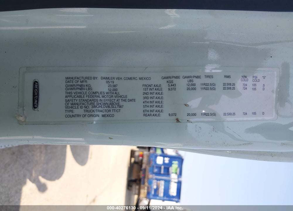 2020 FREIGHTLINER NEW CASCADIA 126 VIN: 3AKJHLDV8LSLL7567