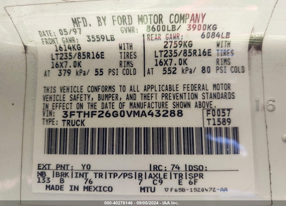 1997 FORD F-250 XL VIN: 3FTHF26G0VMA43288