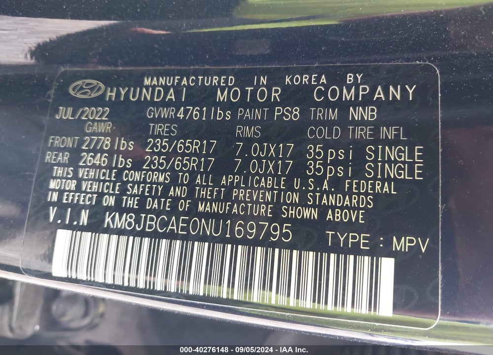 2022 HYUNDAI TUCSON SEL VIN: KM8JBCAE0NU169795