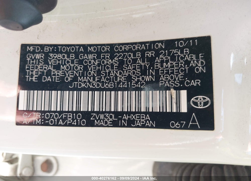 2011 TOYOTA PRIUS TWO VIN: JTDKN3DU6B1441542