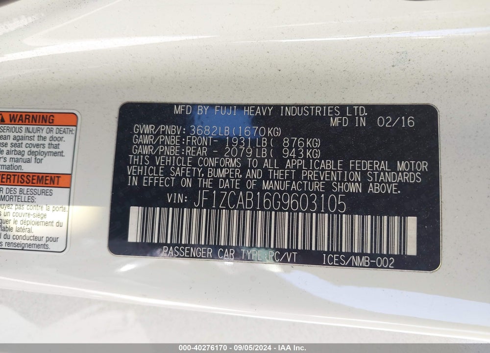 2016 SUBARU BRZ PREMIUM VIN: JF1ZCAB16G9603105