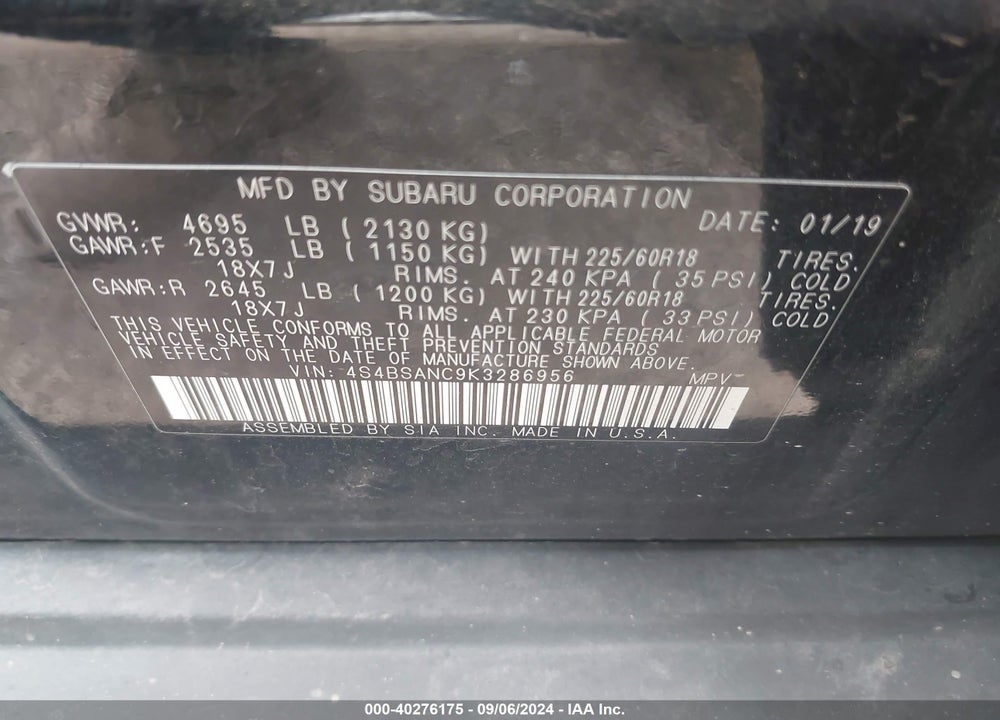2019 SUBARU OUTBACK 2.5I LIMITED VIN: 4S4BSANC9K3286956