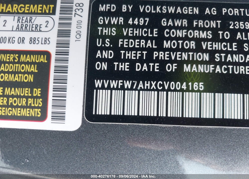 2012 VOLKSWAGEN EOS LUX VIN: WVWFW7AHXCV004165