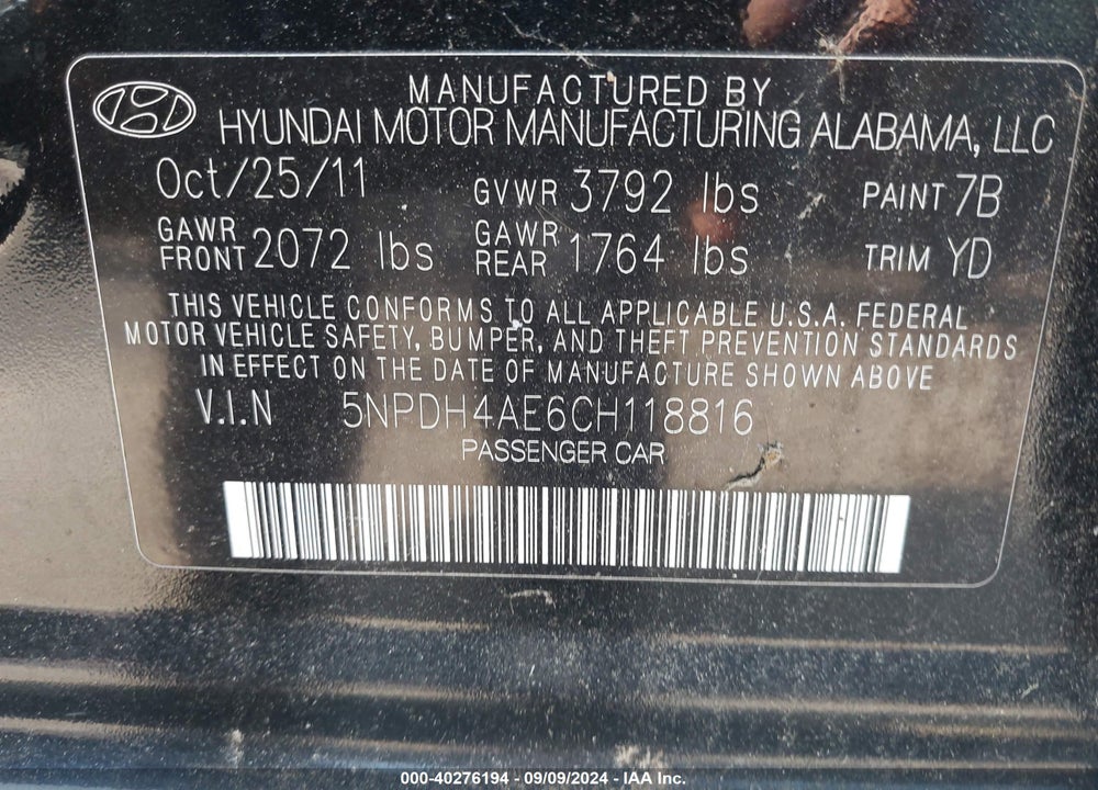 2012 HYUNDAI ELANTRA GLS VIN: 5NPDH4AE6CH118816