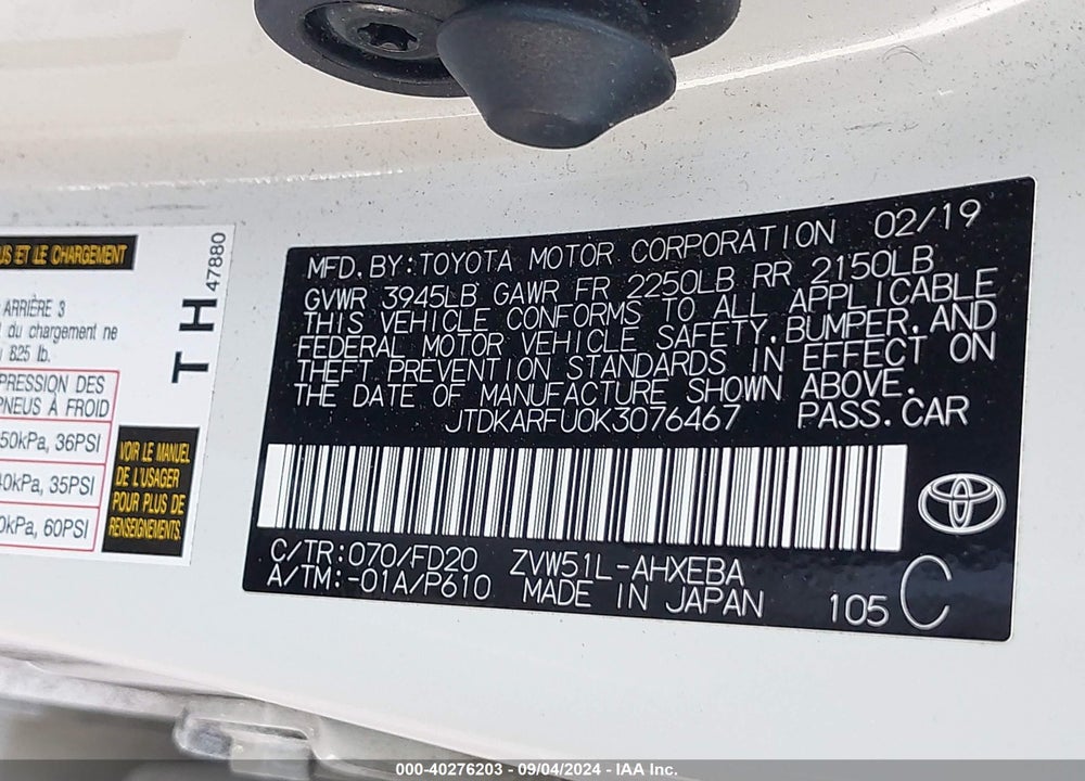 2019 TOYOTA PRIUS LE VIN: JTDKARFU0K3076467