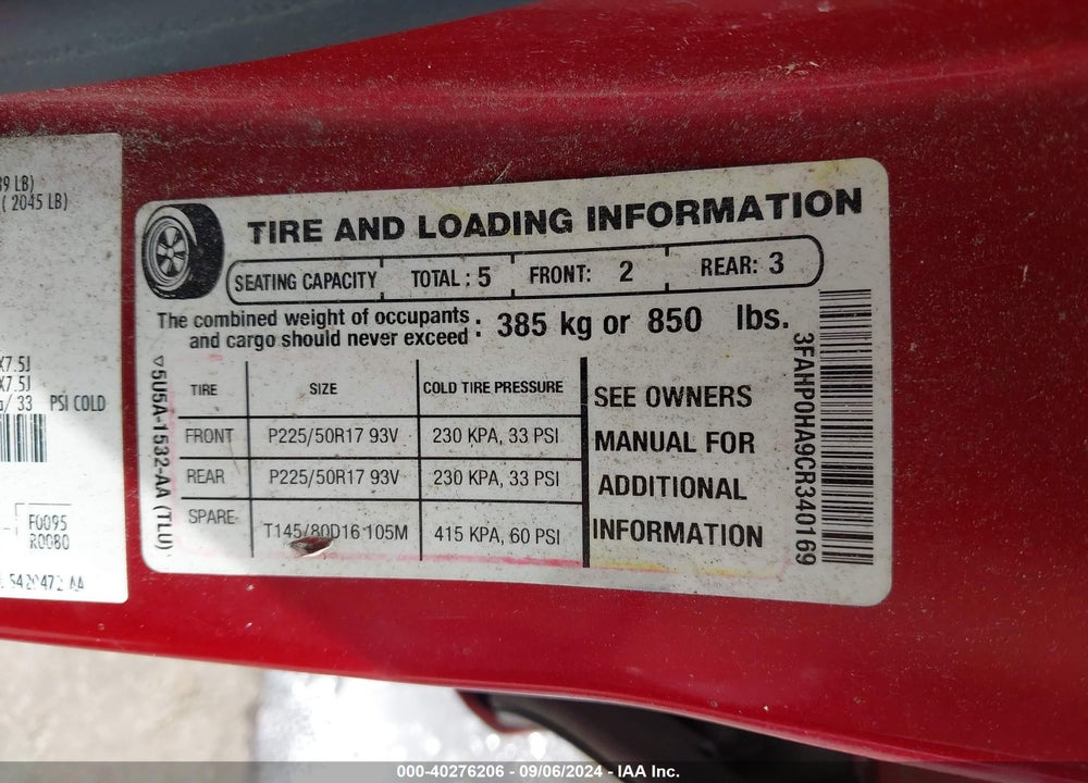 2012 FORD FUSION SE VIN: 3FAHP0HA9CR340169