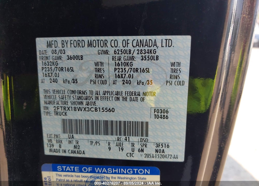 2003 FORD F-150 LARIAT/XL/XLT VIN: 2FTRX18WX3CB15560