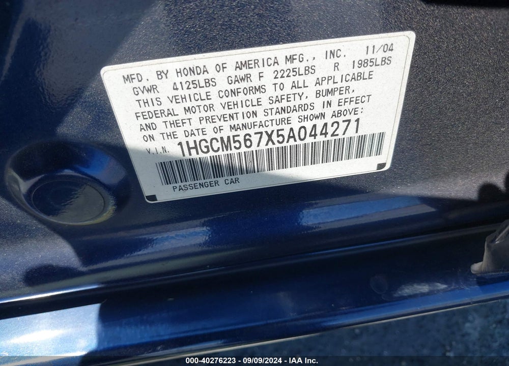 2005 HONDA ACCORD 2.4 EX VIN: 1HGCM567X5A044271