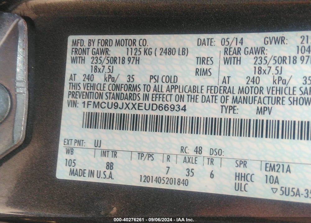 2014 FORD ESCAPE VIN: 1FMCU9JXXEUD66934