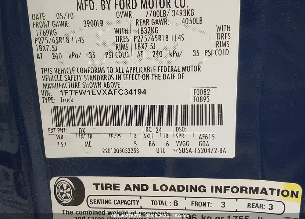 2010 FORD F-150 XLT VIN: 1FTFW1EVXAFC34194