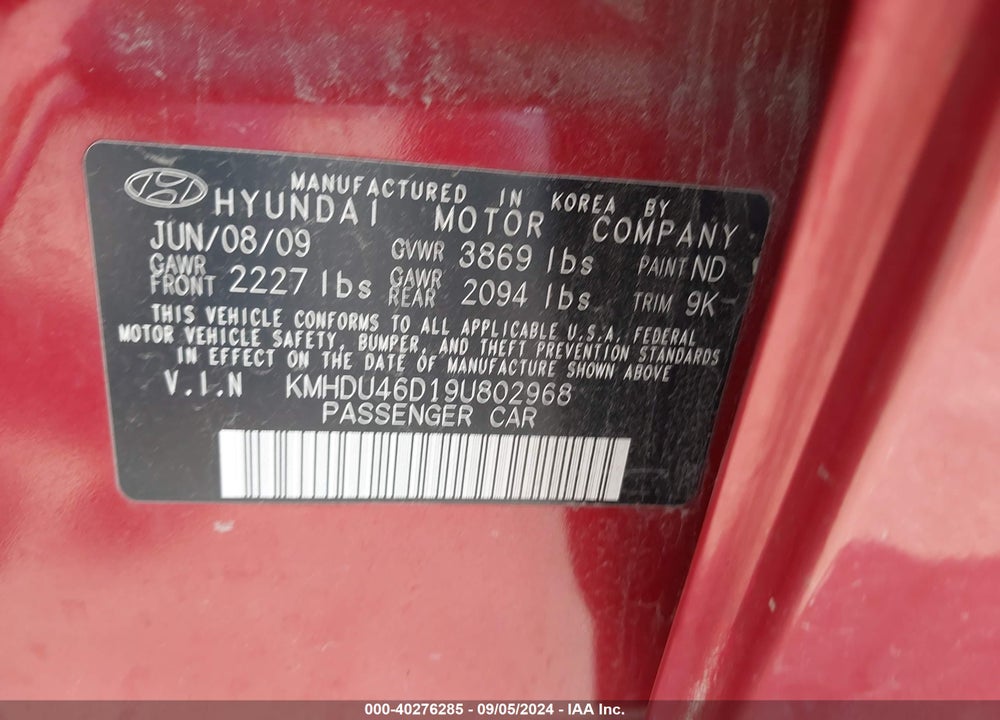 2009 HYUNDAI ELANTRA GLS VIN: KMHDU46D19U802968