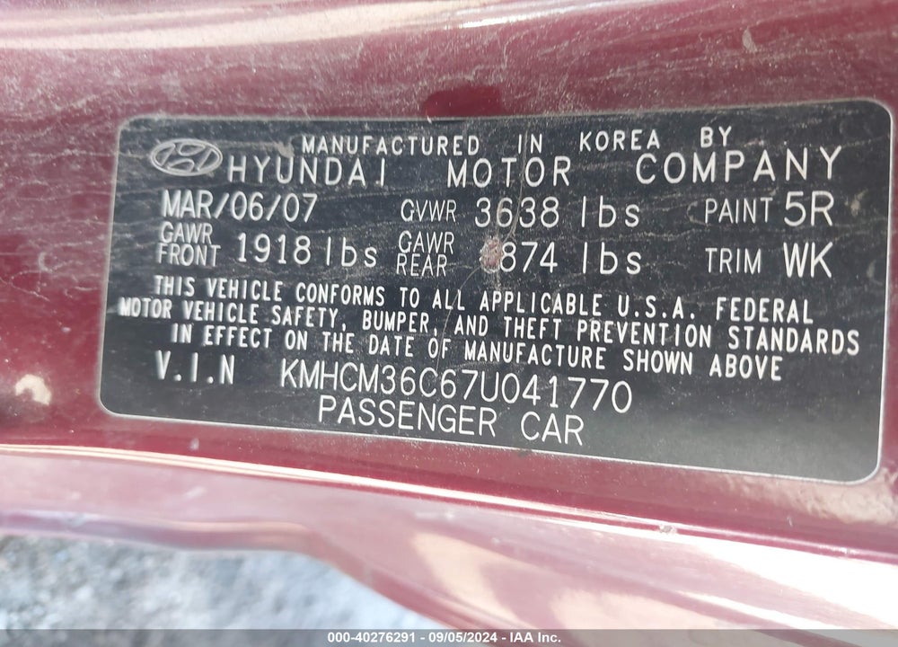 2007 HYUNDAI ACCENT GS VIN: KMHCM36C67U041770