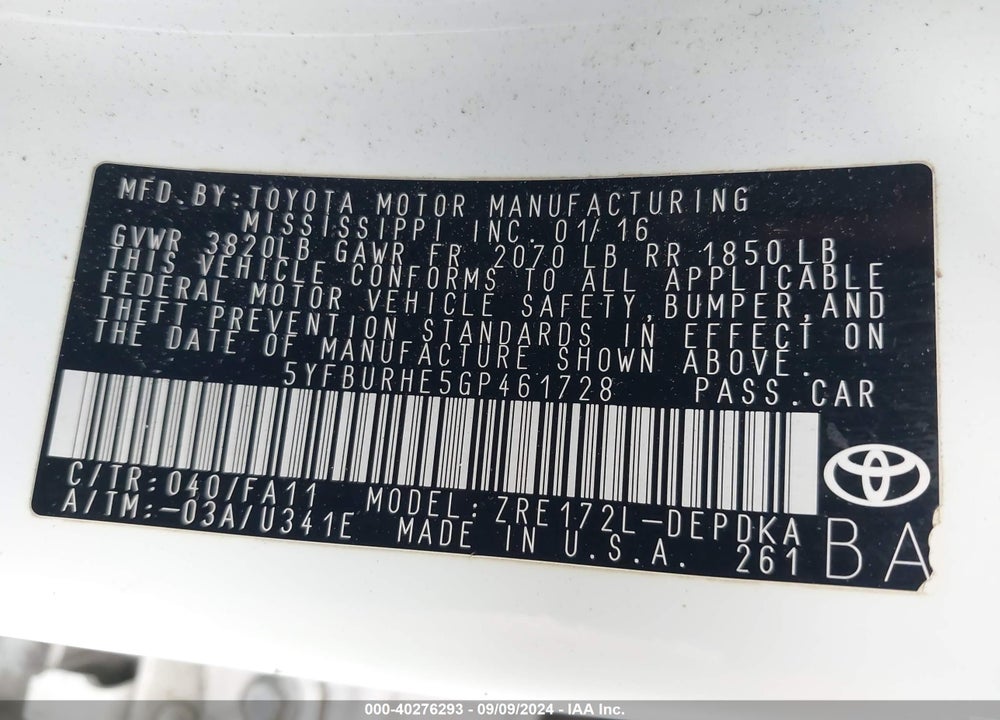 2016 TOYOTA COROLLA L VIN: 5YFBURHE5GP461728