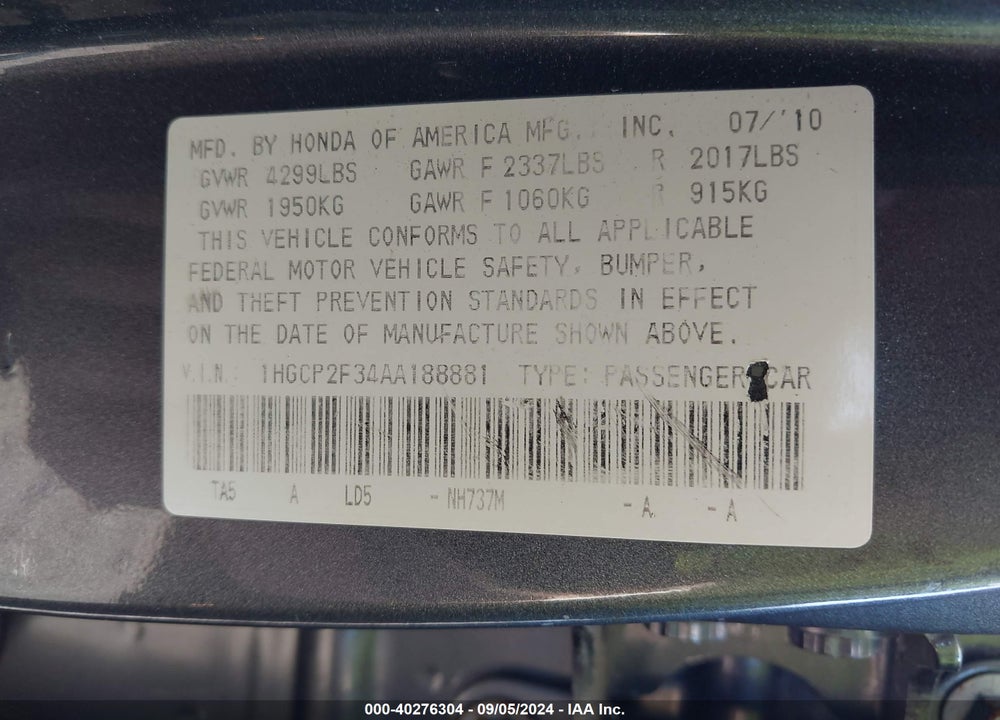2010 HONDA ACCORD 2.4 LX VIN: 1HGCP2F34AA188881