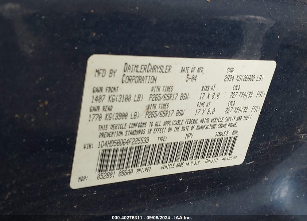 2004 DODGE DURANGO LIMITED VIN: 1D4HD58D64F225539
