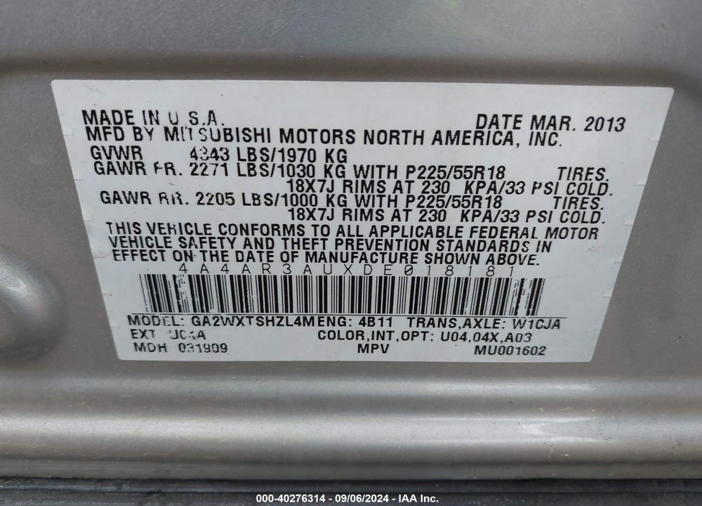 2013 MITSUBISHI OUTLANDER SPORT ES VIN: 4A4AR3AUXDE018181