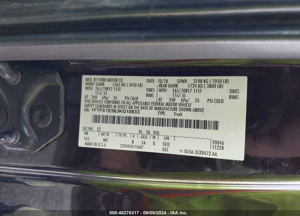 2018 FORD F-150 XLT VIN: 1FTFX1E58JKG10833