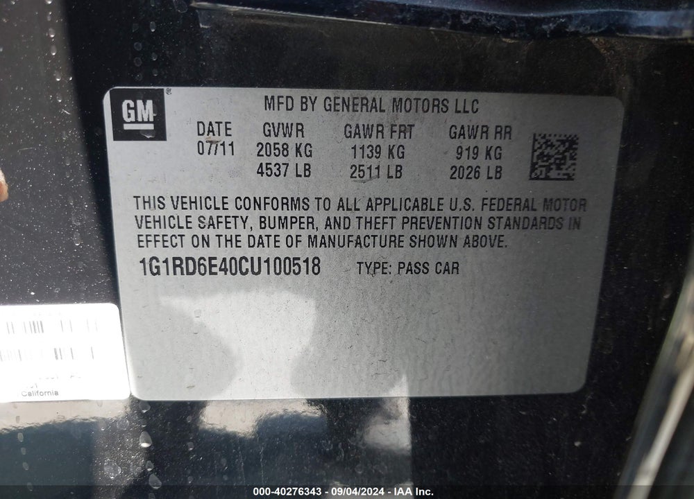 2012 CHEVROLET VOLT VIN: 1G1RD6E40CU100518