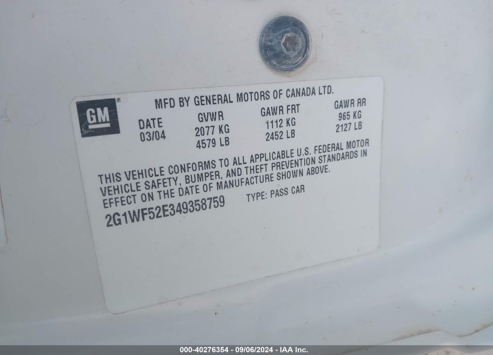 2004 CHEVROLET IMPALA VIN: 2G1WF52E349358759