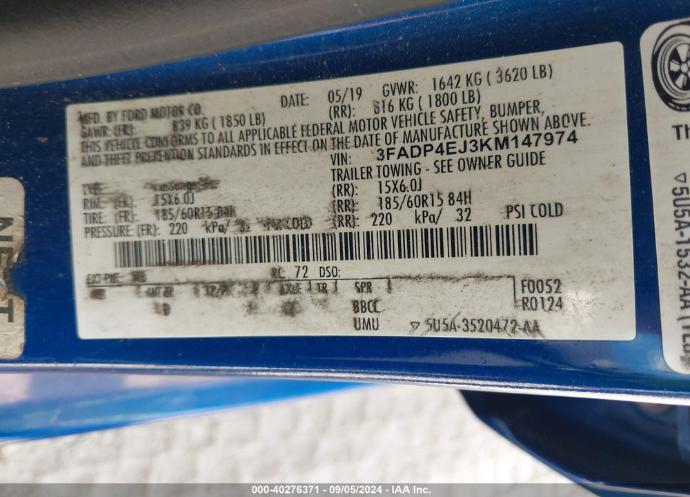 2019 FORD FIESTA SE VIN: 3FADP4EJ3KM147974