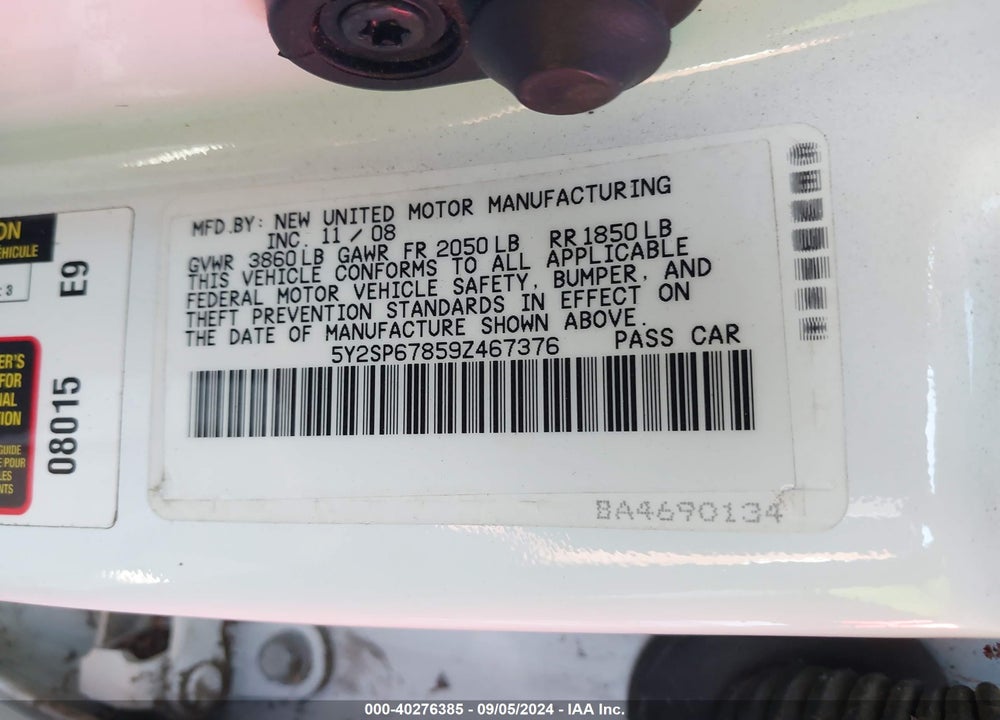 2009 PONTIAC VIBE VIN: 5Y2SP67859Z467376