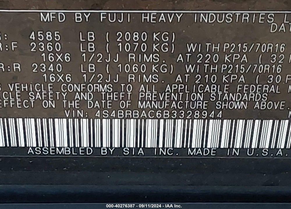 2011 SUBARU OUTBACK 2.5I VIN: 4S4BRBAC6B3328944