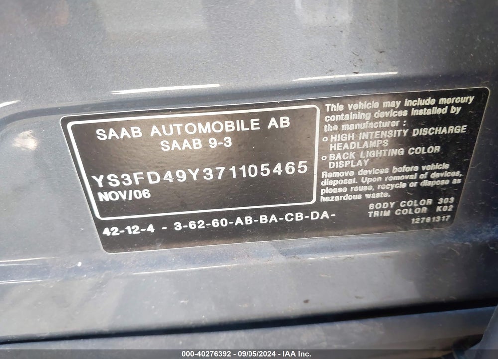 2007 SAAB 9-3 2.0T VIN: YS3FD49Y371105465