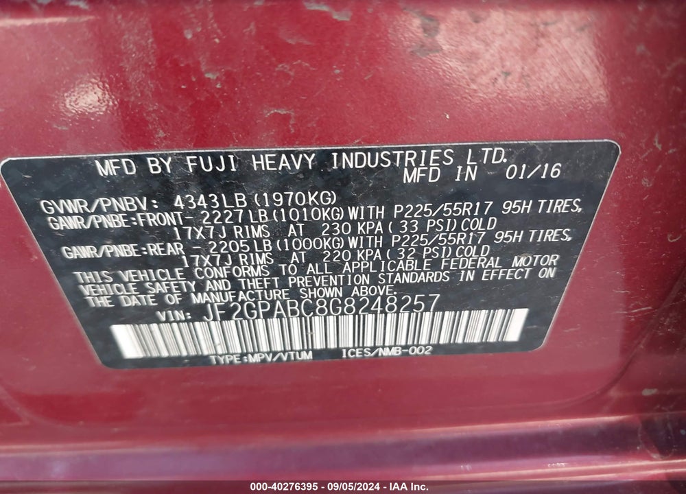 2016 SUBARU CROSSTREK 2.0I PREMIUM VIN: JF2GPABC8G8248257
