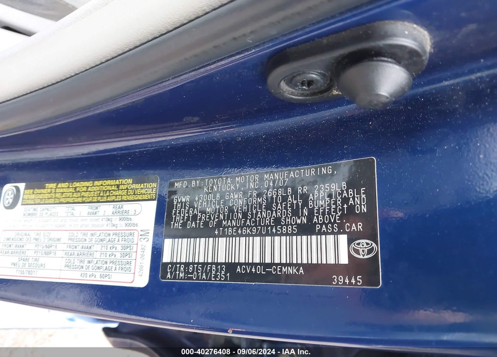 2007 TOYOTA CAMRY CE VIN: 4T1BE46K97U145885